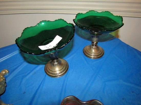 PAIR OF GREEN GLASS COMPOTES WITH STERLING BASES