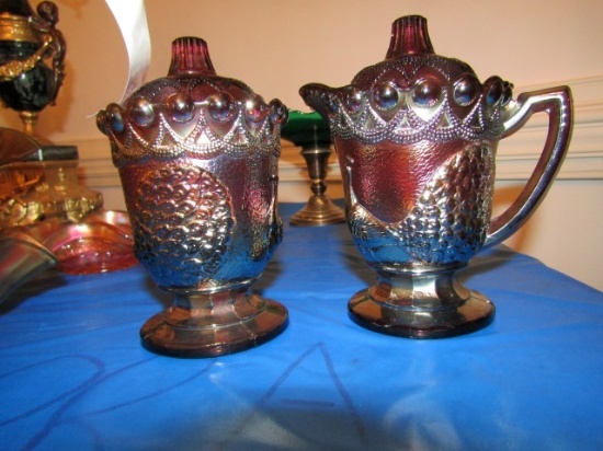 CARNIVAL GLASS CREAM AND SUGAR WITH PEACOCK DECORATIONS