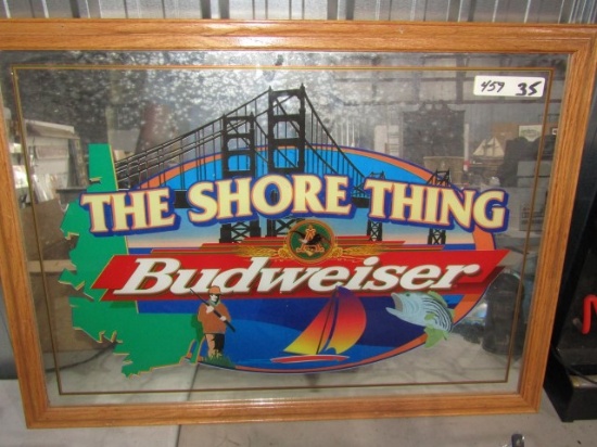 MIRRORED BACK THE SHORE THING BUDWEISER SIGN APPROXIMATELY 30 X 23