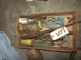 BOX LOT MISC TOOLS LEADS SHACKLES AND MORE