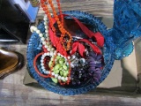 BOX LOT INCLUDING BOWL AND VASE PRESSED BLUE GLASS AND COSTUME JEWELRY