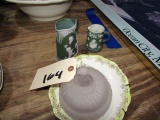 TABLE LOT INCLUDING KEWPIE PITCHER AND WEDGEWOOD TYPE PITCHER 1799 AND 1910