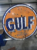 LARGE PORCELAIN GULF DEALER ROUND SIGN APPROXIMAELY 66 INCH ACROSS WITH LAR