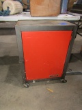 METAL TOOL CABINET ON CASTERS SINGLE DOOR APPROXIMATELY 28 INCH TALL X 11 I