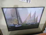 FRAMED UNDERGLASS LITHOGRAPH SKIPJACKS WORKING APPROXIMATELY 22 X 19