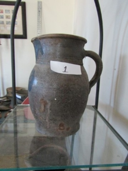 9 INCH 19TH CENTURY BLUE DECORATED STONE PITCHER CHIP AT BASE