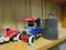 SHELF LOT WITH MINIATURE CARS TRUCK AND TRACTORS AND CLOCK WEIGHTS