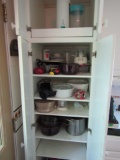 LARGE CABINET FULL OF POTS PANS CASEROLES AND MORE