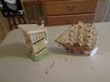 OUTHOUSE BEER STEIN AND SMALL MODEL BOAT