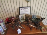 CONTENTS ON TOP OF BUREAU INCLUDING COPPER HORSES AND CHARIOT WWI JEEP AND