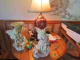 DROP LEAF OAK END TABLE WITH CONTENTS INCLUDING DECORATIVES FIGURINES LAMP