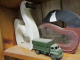 SHELF LOT WITH MODELS OF YESTERYEAR TANKER AND GLASS LOG CABIN AND MORE