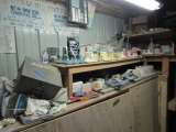 CONTENTS OF SHELVES INCLUDING TILE SPRINKLERS LEVEL HAND TOOLS AND MORE