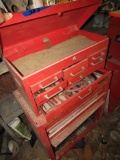 TOOL CHEST AND CART AND CONTENTS OF SOCKETS WRENCHES PLIERS TIN SNIPS AND M