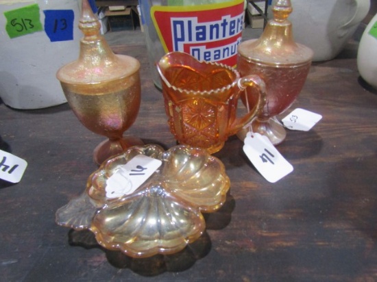 PAIR OF CARNIVAL GLASS COVERED CUP AND CANDY DISH AND CREAM PITCHER