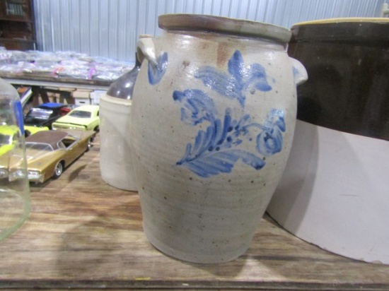 SALT GLAZE CROCK WITH BLUE FERN DESIGN DOUBLE EAR 12"