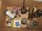 BOX OF VINTAGE AUTO PARTS INCLUDING SPARK PLUGS TIRE PATCH AND MORE