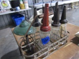 METAL CARRIER WITH 6 GLASS OIL JUGS WITH SPOUTS INCLUDING MARQUETTE HEP AND