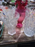 COLLECTION OF CLEAR AND CRANBERRY VASES AND CHIMNEYS