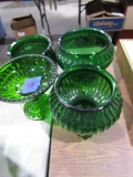 4 PC GREEN GLASS INCLUDING 3 VASES AND CANDY DISH
