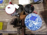 TABLE LOT INCLUDING ANTIQUE KITCHENWARE INCLUDING FLOUR SIFTERS AND EGG BEA