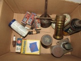 BOX OF VINTAGE AUTO PARTS INCLUDING SPARK PLUGS TIRE PATCH AND MORE