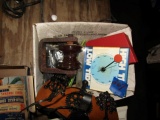 BOX LOT WITH HIGH TIDE CLOCK ELECTRIC INSULATOR DRILL BITS AND MORE