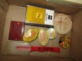 BOX LOT WITH SEVERAL MOTOR VEHICLE BADGES SUNOCO TRANSITOR RADIO THERMOMETE