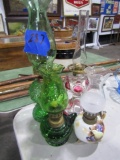 4 FINGER LAMPS INCLUDING GREEN GLASS AND HAND PAINTED