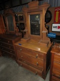 ANTIQUE PINE THREE DRAWER BUREAU WITH TEAR DROP PULLS GLOVE BOXES AND MIRRO