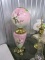ANTIQUE CONVERTED OIL LAMP WITH PINK GLASS BASE AND PINK GLASS SHADE