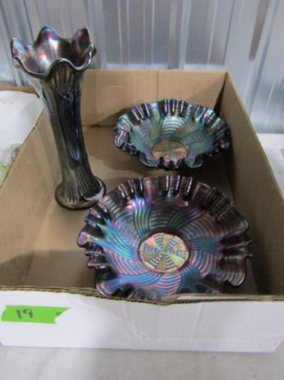 3 PCS OF CARNIVAL GLASS 2 FLUTED BOWLS AND VASE