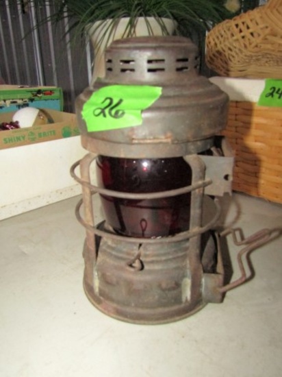 ANTIQUE OIL LANTERN WITH RED GLOBE