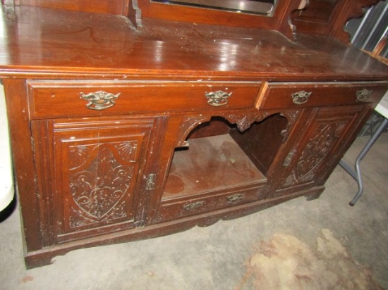 ENGLISH WALNUT SIDEBOARD WITH TRIPLE BEVELED MIRRORS ORNATE CARVING 6 FEET