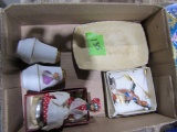 BOX LOT INCLUDING AUNT JEMIMA DINNER BELL DUCK PINS AND MORE