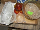 BOX LOT OF CUT GLASS AMBER GLASS SERVING PCS AND DAISEY AND BUTTON