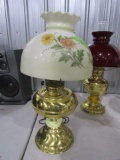 ANTIQUE CONVERTED BRASS OIL LAMP WITH HAND PAINTED FLORAL SHADE