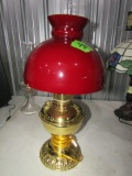 ANTIQUE BRASS OIL LAMP WITH MAROON SHADE