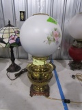 ANTIQUE BRASS CONVERTED OIL LAMP WITH HAND PAINTED SHADE