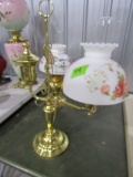 ANTIQUE BRASS STUDENT LAMP WITH HAND PAINTED FLORAL SHADE