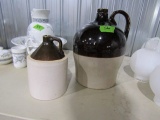 PAIR OF SALT GLAZE BROWN AND WHITE WHISKEY JUGS APPROX 2 GAL AND 1/2 GAL
