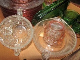 BOX LOT WITH PINK AND GREEN DEPRESSION GLASS JUICERS SUGAR BOWLS CREAM AND