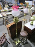 ANTIQUE BRASS FOOTED FLOOR LAMP CONVERTED WITH WHITE AND RED SHADE STANDS A