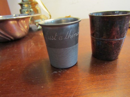 PEWTER THIMBLE SHOT GLASS AND SILVER PLATE SHOT GLASS