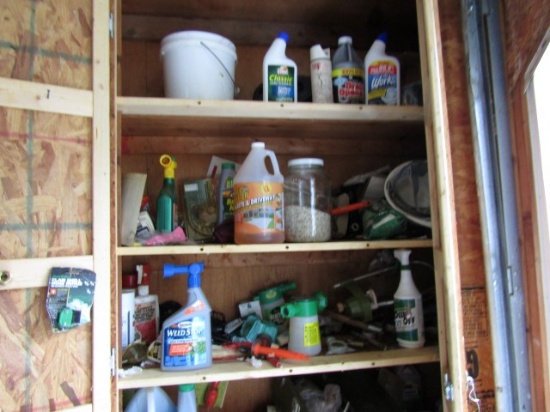 CONTENTS OF CABINETS WITH TOOLS GARDEN SUPPLIES CLEANERS AND MORE