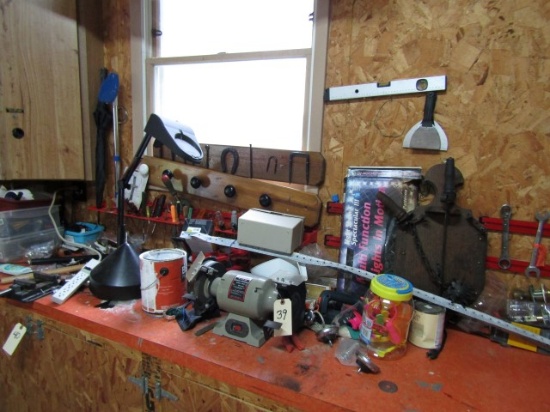 TOP OF WORK BENCH INCLUDING GRINDER WORK LIGHT HAND TOOLS AND MORE