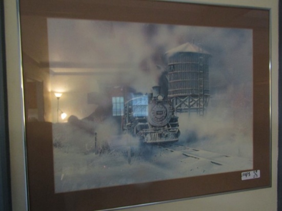 CHART OF MARION MD AND FRAMED PRINT OF LOCOMOTIVE IN SNOW 29 X 23