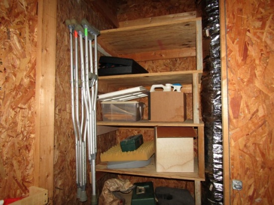 CONTENTS OF CABINET WITH CRUTCHES FISHING TACKLE TOOLS AND SIGNS