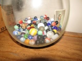 BOWL FULL OF ANTIQUE MARBLES AND SHOOTERS