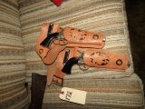 LEATHER HOLSTERS AND GUN BELT WITH PAIR OF REMINGTON 36 CAP GUNS